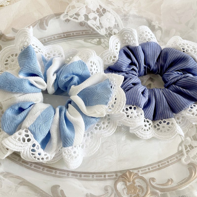 Lace fabric scrunchie/blue lace hair ring scrunchie hair bundle hair rope hair accessories headdress gift - เครื่องประดับผม - วัสดุอื่นๆ 