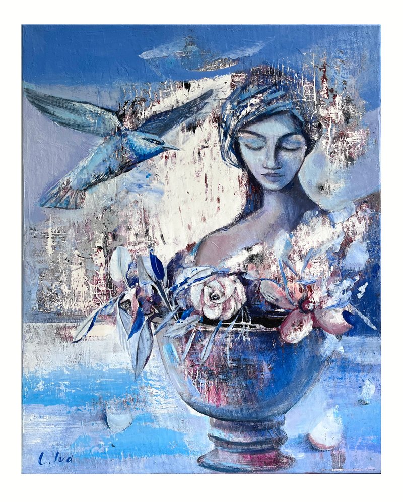 Acrylic Woman Painting – Emotional Female Portrait,Original - 插畫/繪畫/寫字 - 棉．麻 多色