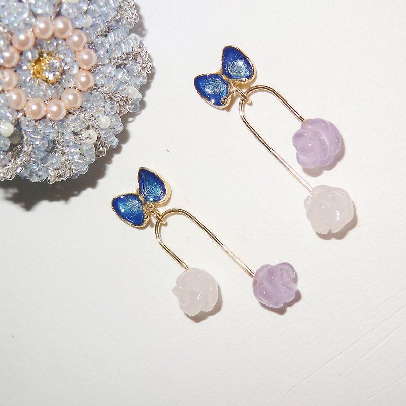 Enamel butterfly pink crystal and amethyst rose are not matched with natural stone U-shaped earrings - Earrings & Clip-ons - Enamel 