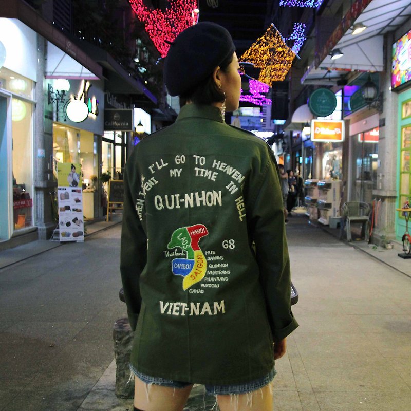 Tsubasa.Y ancient house 007 army green VIETNAM style embroidery arms, embroidery work shirt - Women's Casual & Functional Jackets - Other Materials 