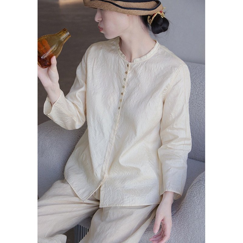 Chinese style tussah silk stand collar loose long sleeve casual shirt - Women's Shirts - Silk 