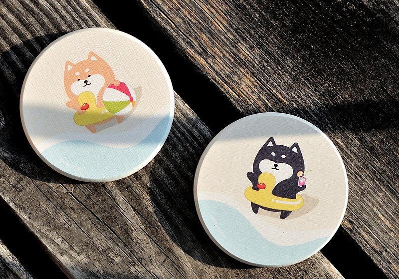 Diatomaceous earth absorbent coaster seaside Shiba Inu set of two - Coasters - Other Materials Multicolor