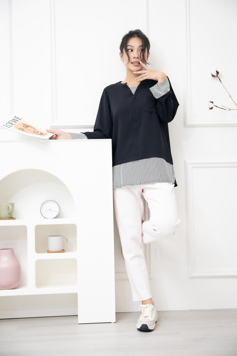 衣襬白底黑條紋長袖上衣 黑色 - 女上衣/長袖上衣 - 其他材質 黑色