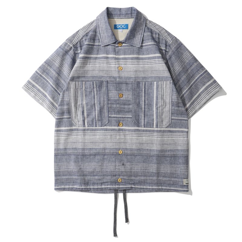 GOC Studio Japanese Linen nomadic jacquard striped summer shirt - เสื้อเชิ้ตผู้หญิง - ผ้าฝ้าย/ผ้าลินิน สีน้ำเงิน