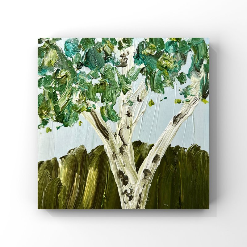 Birch painting original art small birch tree oil painting greenery wall decor - 海報/掛畫/掛布 - 其他材質 卡其色