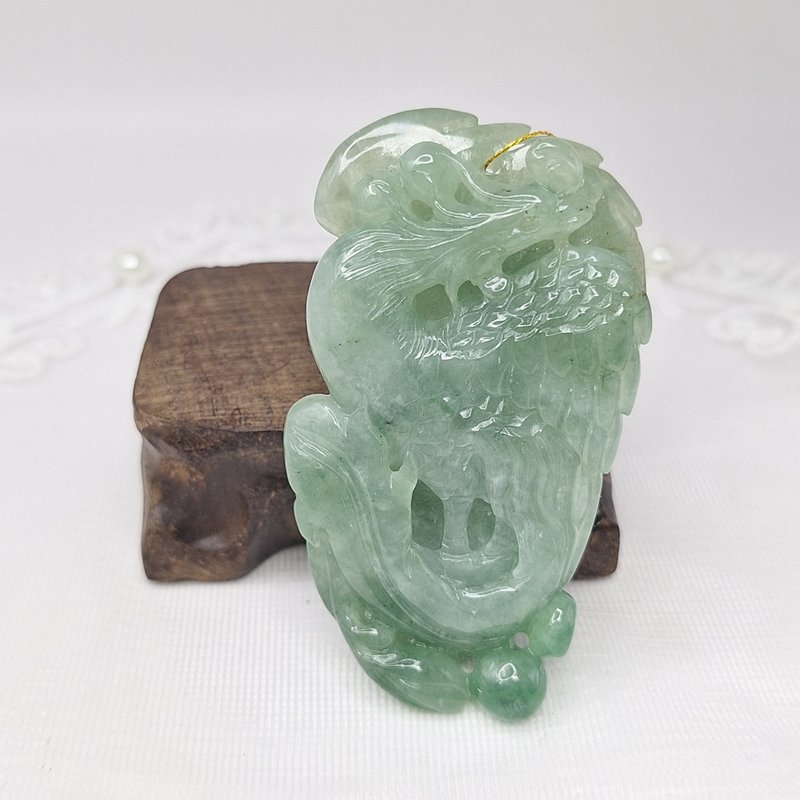 Ice gel green phoenix pendant | Natural Burmese jade A grade jadeite - Necklaces - Jade 