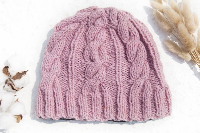 Hand-knitted pure wool hat/knitted hat/knitted woolen hat/inner bristle flower hat/knitted hat-pink - หมวก - ขนแกะ สึชมพู