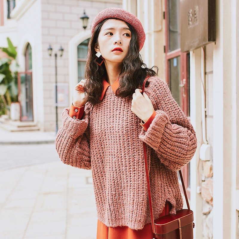 【買二送一】2018女裝冬季穿搭粗線圓領寬松針織衫  XK81363 - 毛衣/針織衫 - 其他材質 紅色