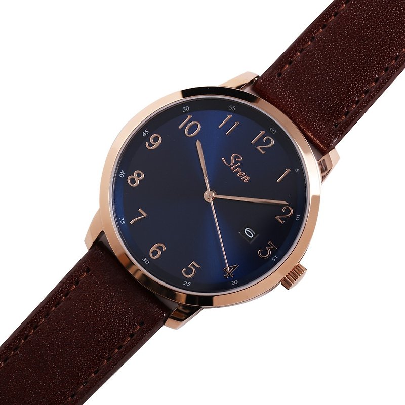 SIREN經典簡約系列 – 海軍藍玫瑰金深啡皮帶 - 男裝錶/中性錶 - 不鏽鋼 藍色