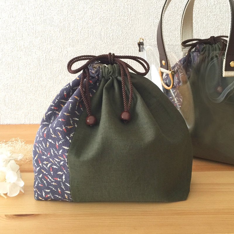 Drawstring Bag, Kimono and linen - Silk - for Clear Tote Bag - กระเป๋าเครื่องสำอาง - ผ้าฝ้าย/ผ้าลินิน สีเขียว