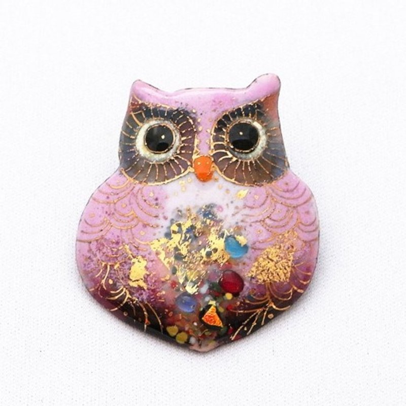 Owl-medium-pink-cloisonne brooch - เข็มกลัด - โลหะ สึชมพู