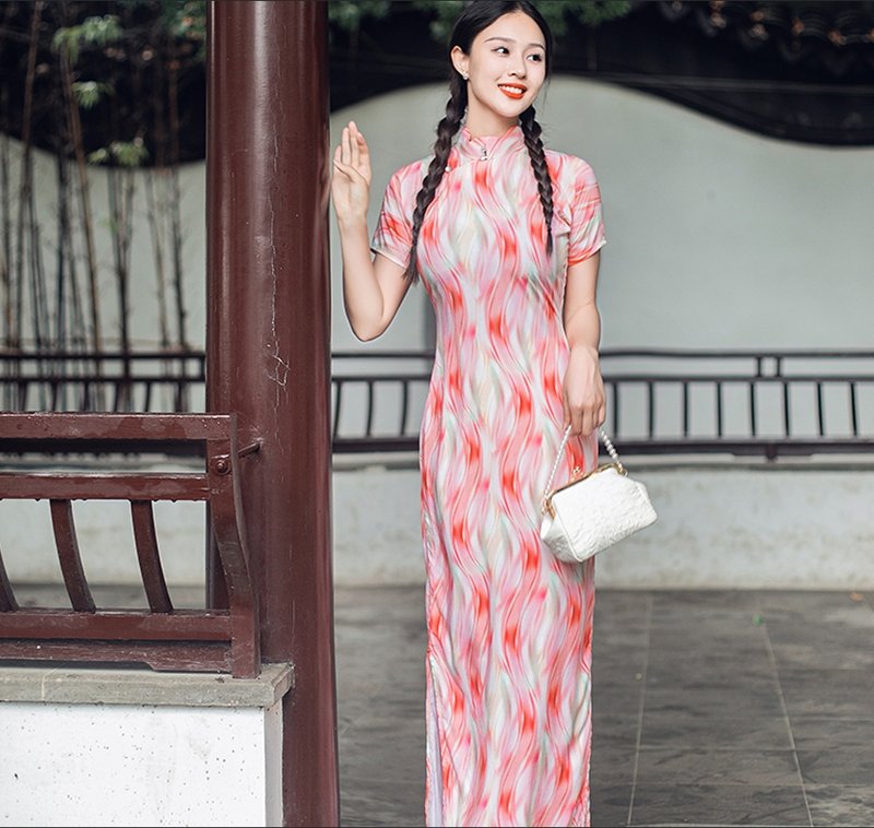 Retro style of the Republic of China, flat cut, no darts, one-piece, long, traditional cheongsam - Qipao - Cotton & Hemp Pink