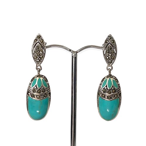 alisadesigns Art Deco Style Turquoise with Marcasite Drop Earrings / Set 925 Sterling Silver