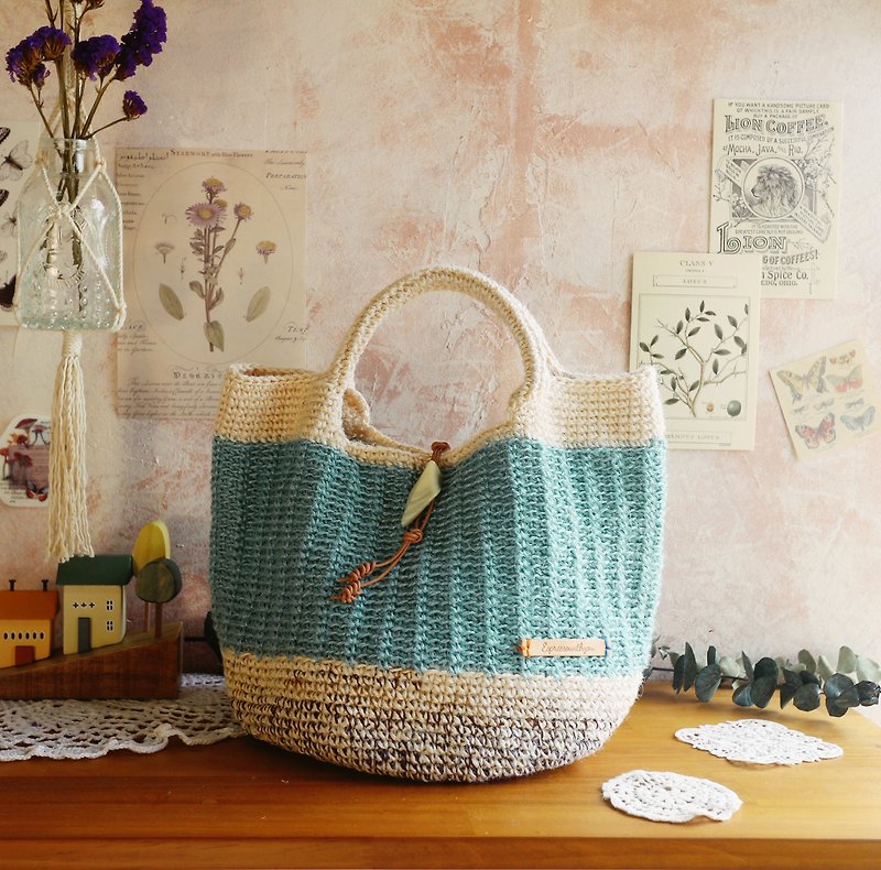 [Ready stock] Handmade handwoven/jute Linen woven bag/shopping bag/handbag/ Linen bag - กระเป๋าถือ - ผ้าฝ้าย/ผ้าลินิน สีน้ำเงิน