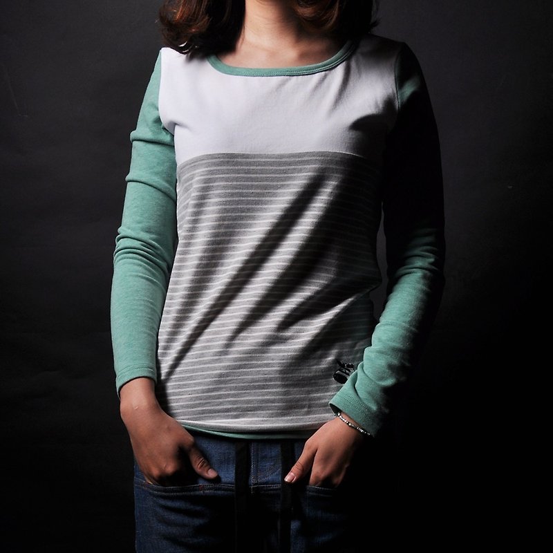 撞色拼接條紋合身棉質長袖Tee -綠條紋/藍條紋-2色 - 女 T 恤 - 棉．麻 綠色