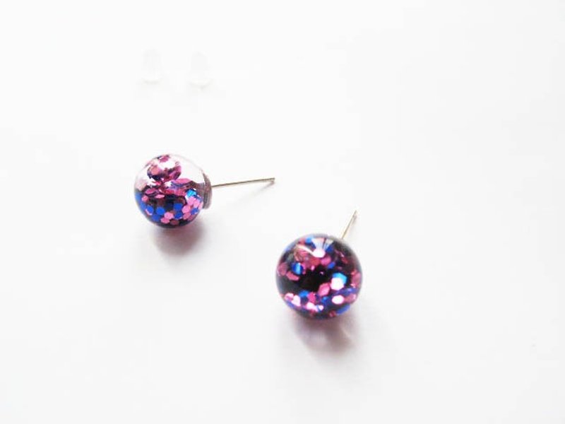 Rosy Garden  dark blue and pink glitter with water inside glass ball earrings - ต่างหู - แก้ว หลากหลายสี