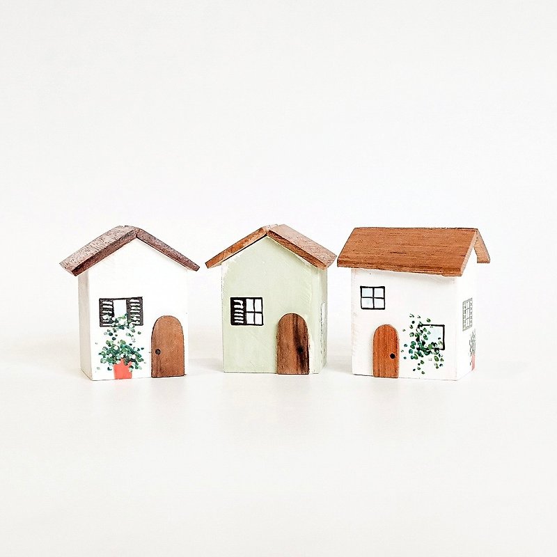 Set of 3 wooden houses with white-green tone - Items for Display - Wood Multicolor