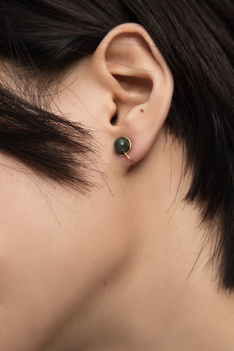 Aventurine ear clips / ear pins | classic dark green Dongling stone earrings - Earrings & Clip-ons - Gemstone Green
