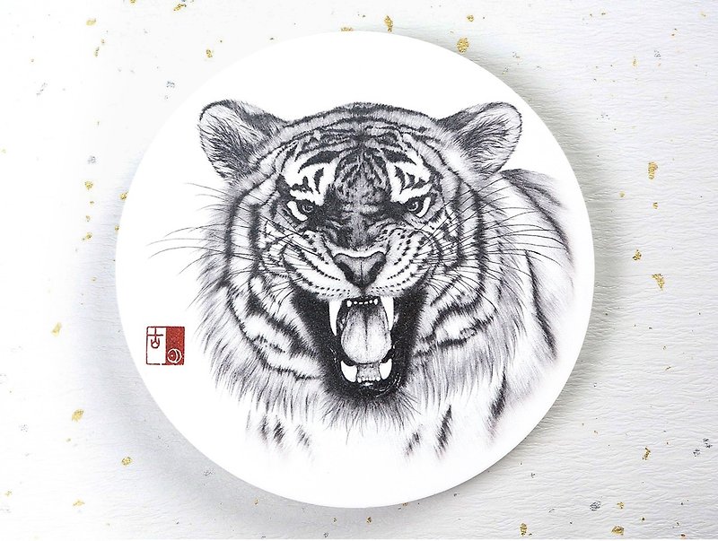 Tiger front against water coaster - ที่รองแก้ว - ดินเผา ขาว