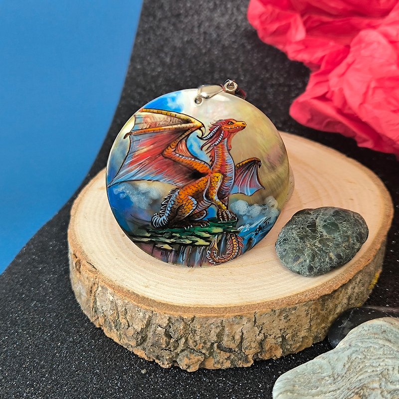 Red Dragon on mother of pearl necklace. Western Magical creature on cool pendant - Necklaces - Shell Red
