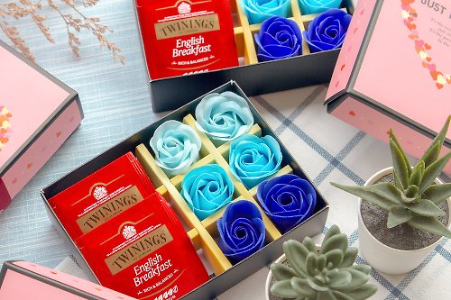 幸福朵朵 婚禮小物 花束禮物 唐寧英倫茶包2入+6朵玫瑰香皂花禮盒–藍色