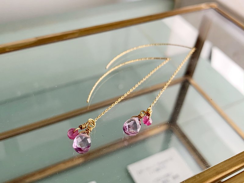 [February and July birthstones] Ruby and Amethyst American Earrings - Earrings & Clip-ons - Semi-Precious Stones Pink