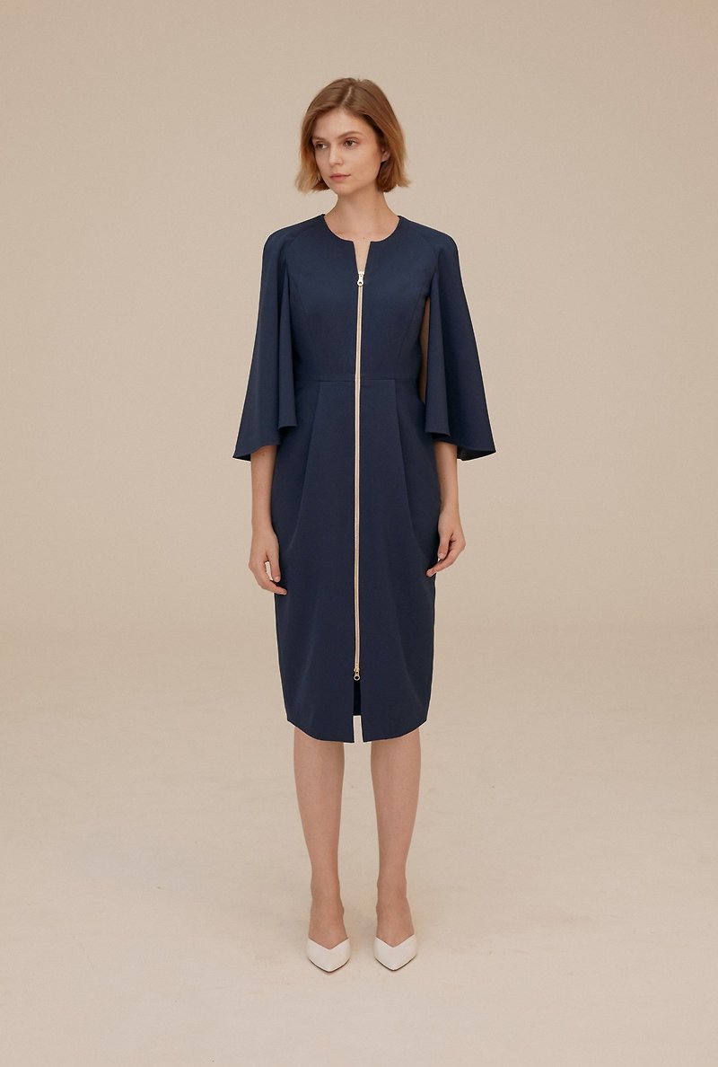 斗篷合身洋裝(海軍藍) - 連身裙 - 聚酯纖維 藍色