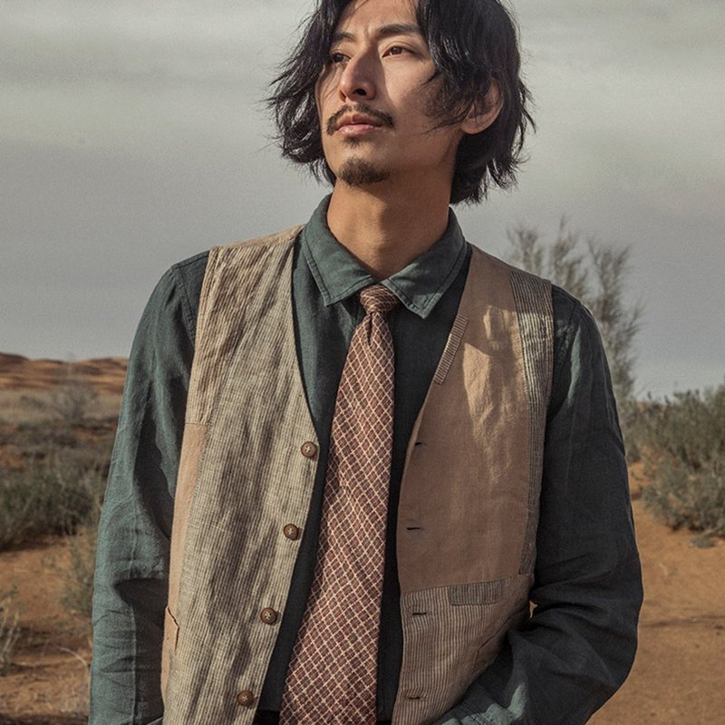 原創設計復古亞麻西裝馬甲男 條紋補丁坎肩背心休閒小馬夾 - 男背心 - 其他材質 