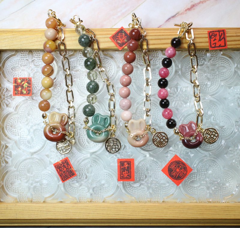 Six Cats  手作設計款 阿拉善兔頭平安扣  招財祈福手鍊 禮物 - 手鍊/手環 - 半寶石 