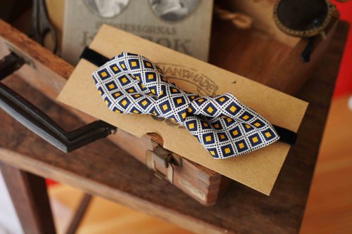 Papas Bow Tie 古董布花領帶改製手工領結-靛藍方塊-寬版