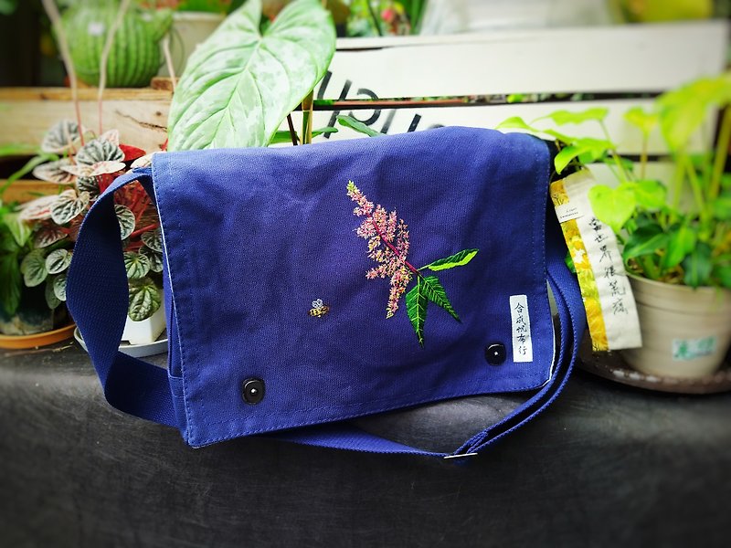 Customized mango flower hand-embroidered crossbody schoolbag - Messenger Bags & Sling Bags - Thread Multicolor