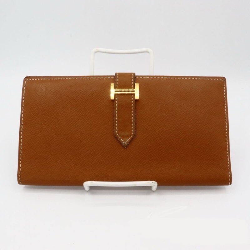 Second-hand Hermes brown gold leather Bearn long wallet wallet Silver wallet men and women small clutch bag - กระเป๋าสตางค์ - หนังแท้ สีนำ้ตาล