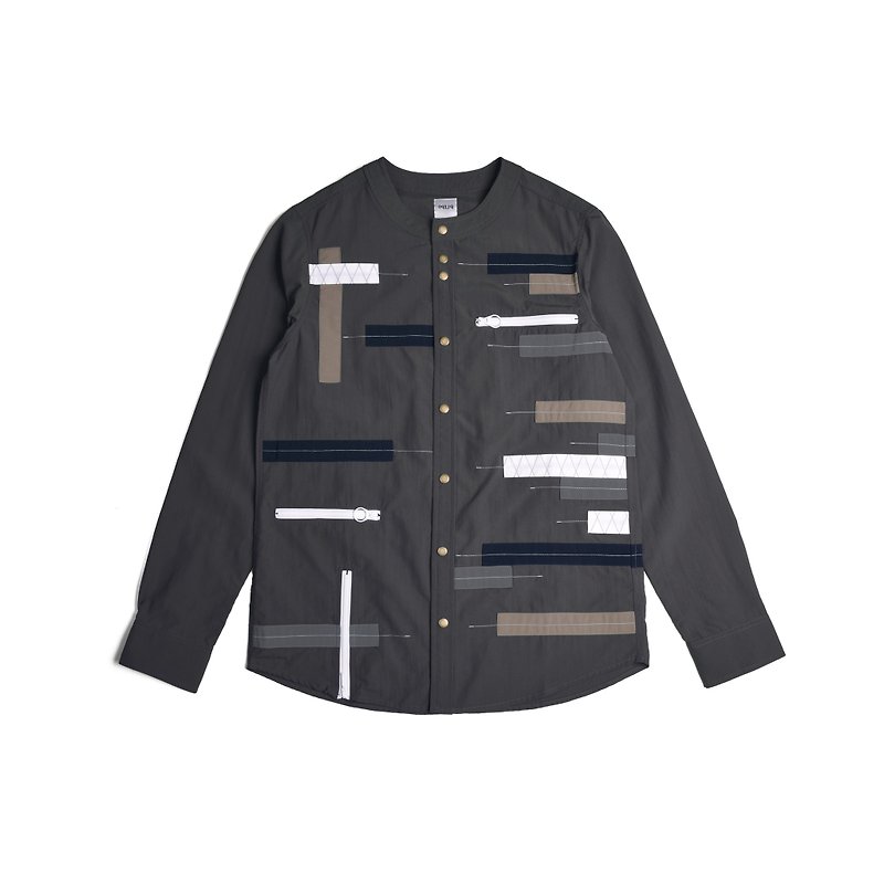 oqLiq-omni direction-Timeline patchwork shirt (Brown green) - Men's Shirts - Other Materials Green