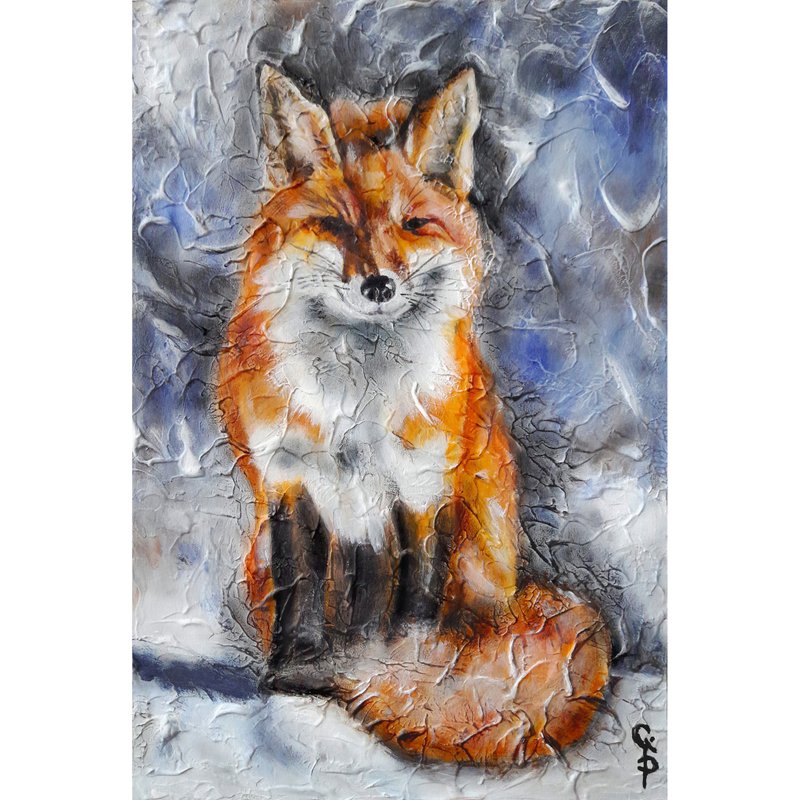 Fox Painting Canvas Original Oil Art Winter Forest Wild Animal Modern Abstract - Wall Décor - Other Materials Multicolor