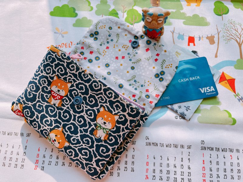 Three-layer zipper coin purse - short clip - Tibetan blue Shiba Inu - กระเป๋าสตางค์ - ผ้าฝ้าย/ผ้าลินิน สีน้ำเงิน