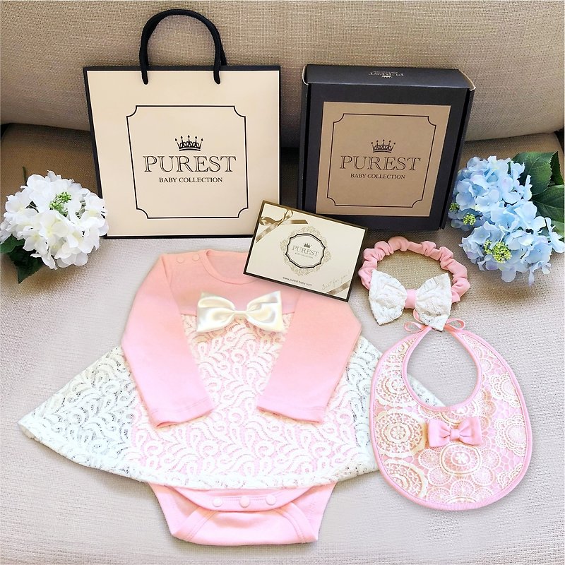 小公主的華麗裝扮 長袖 寶寶彌月豪華禮盒組 嬰兒禮物 新生兒送禮 - 彌月禮盒 - 棉．麻 粉紅色