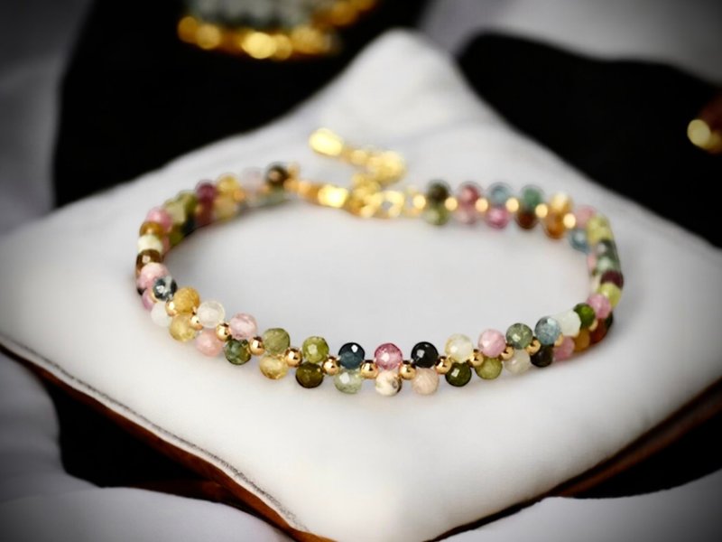 Natural diamond faceted rainbow tourmaline 18k gold hand-woven exquisite and elegant bracelet - Bracelets - Jade Gold