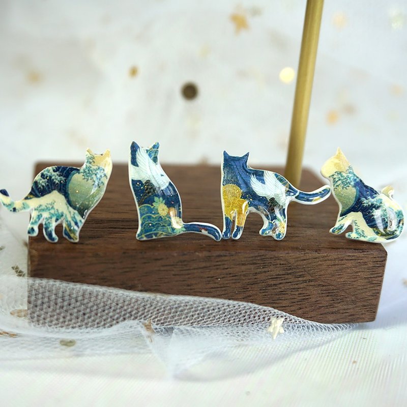 浮世繪與貓 Ukiyoe&Cat 神奈川衝浪裡與鶴紋貓咪耳釘 可改耳夾 - 耳環/耳夾/耳骨夾 - 其他材質 