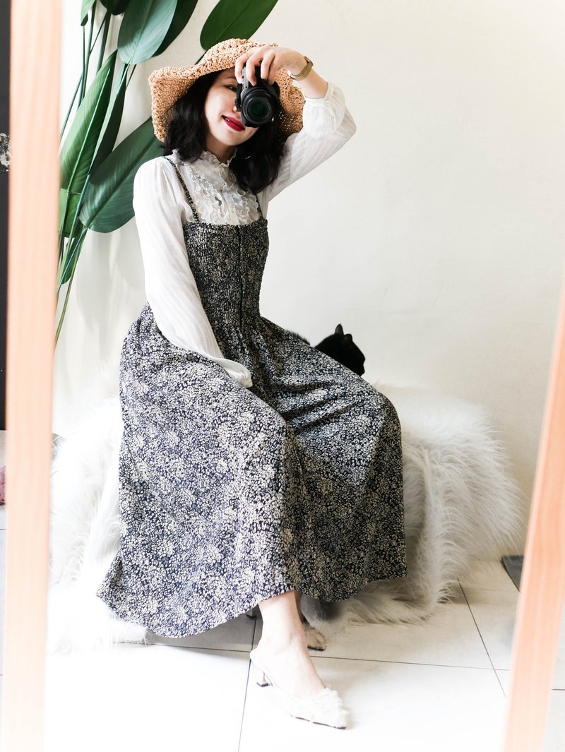 海藍昏黃宮廷碎花迷戀拉鍊澎澎 古董細肩帶連身洋裝長裙dress - 洋裝/連身裙 - 聚酯纖維 藍色
