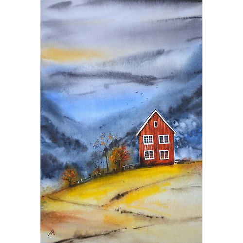 艺术家娜塔 Old House Painting Landscape Original Watercolor Mountains Wall Art