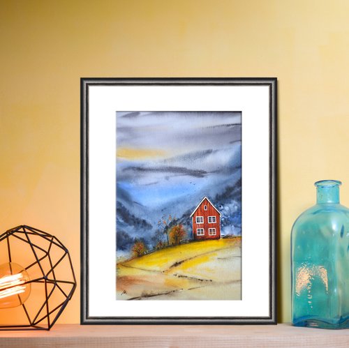 古い家の絵画風景オリジナルの水彩画の山の壁の芸術 - ショップ