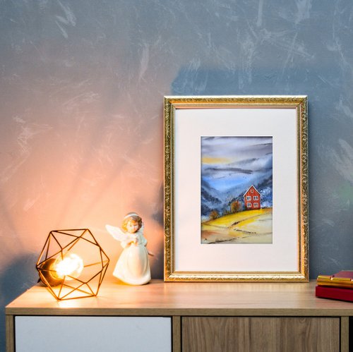 古い家の絵画風景オリジナルの水彩画の山の壁の芸術 - ショップ