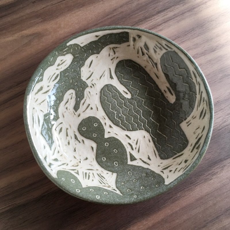 Meat / Plant / Hand Engraved / Cactus / Snack Dish / Cake Plate / Flat Plate / Small Plate / Small Plate / Ceramic Plate - Small Plates & Saucers - Pottery Green