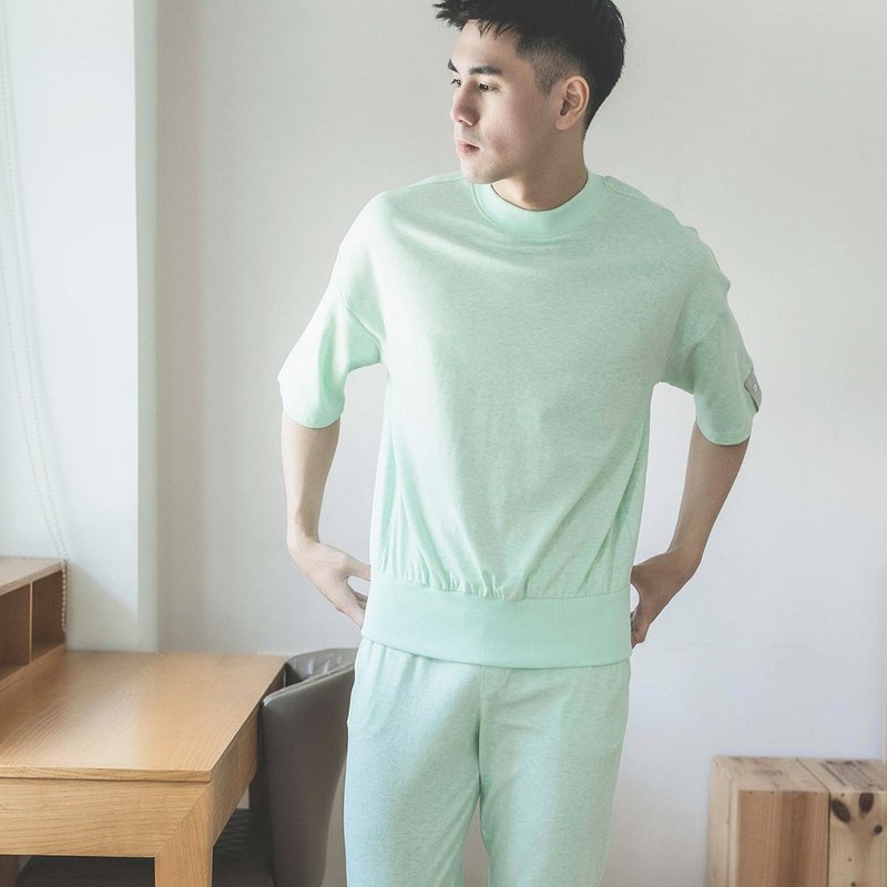 UMORFIL膠原蛋白素面五分袖男家居服/睡衣/居家服-淺綠 - 睡衣/居家服 - 棉．麻 綠色