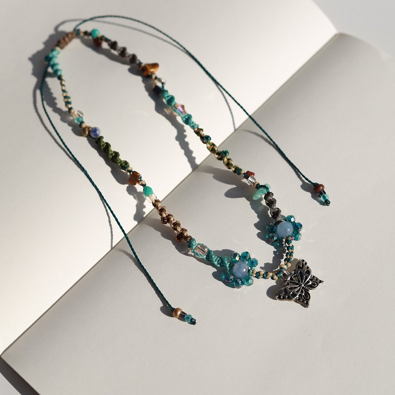 Butterfly and flower green mint brown gray woven waxed cord choker necklace - Necklaces - Thread Multicolor
