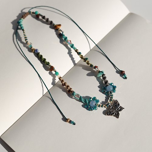 ELBRAZA Butterfly and flower green mint brown gray woven waxed cord choker necklace
