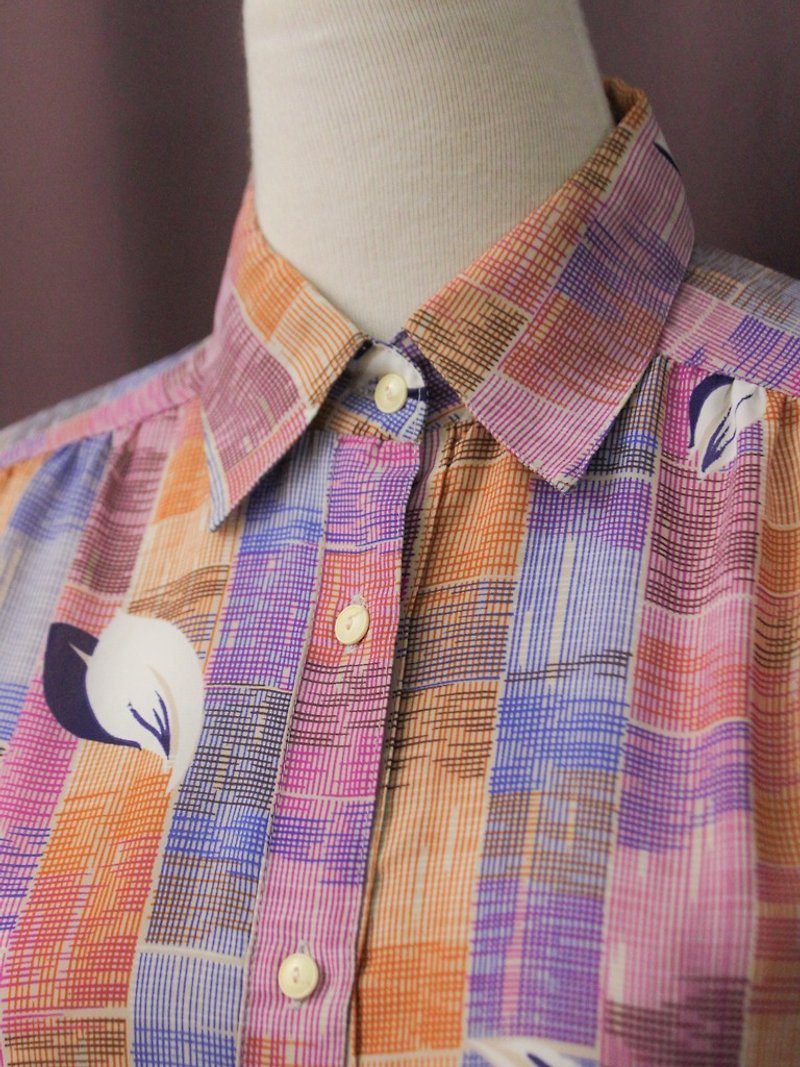 ヴィンテージ日本製の甘いピンクの紫色の格子縞のチェック柄のプリント長袖のヴィンテージシャツ - シャツ・ブラウス - ポリエステル ピンク
