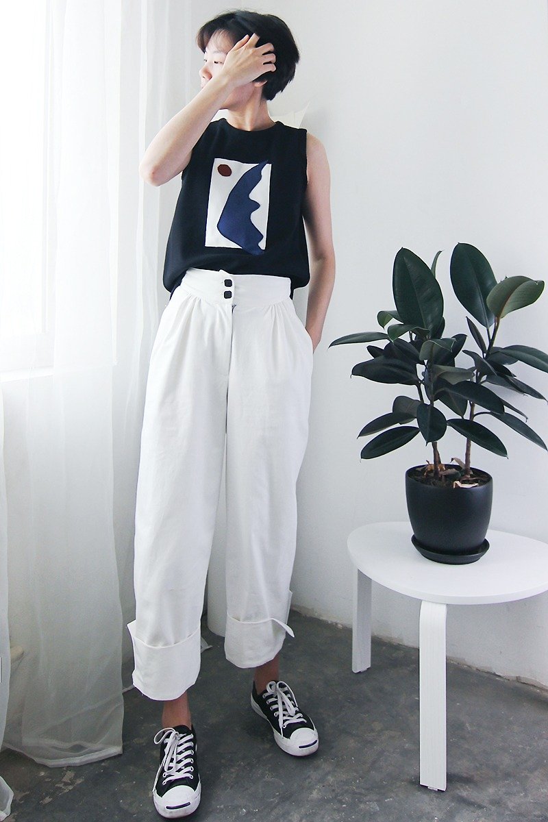 MAODIUL white jeans with square buckle and big turn-over and split-end curved waist - กางเกงขายาว - ผ้าฝ้าย/ผ้าลินิน ขาว