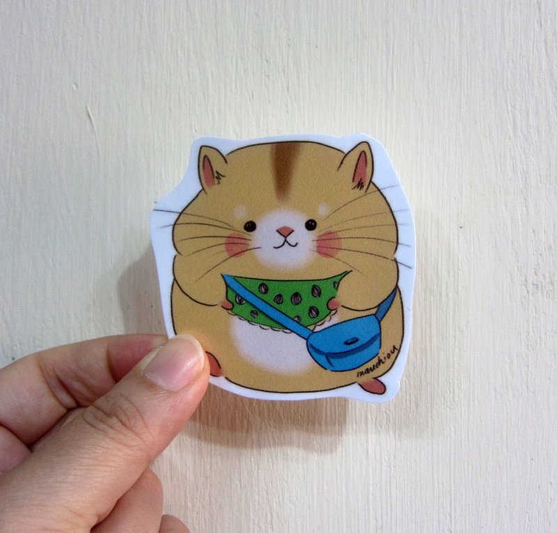 Hand-painted illustration style completely waterproof sticker hamster three-line mouse pudding hamster - สติกเกอร์ - วัสดุกันนำ้ สีเหลือง