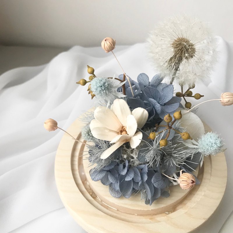 療癒蒲公英 藍灰色圓形夜燈玻璃鐘罩 生日 週年 升遷 畢業 禮物 - 乾燥花/永生花 - 植物．花 多色